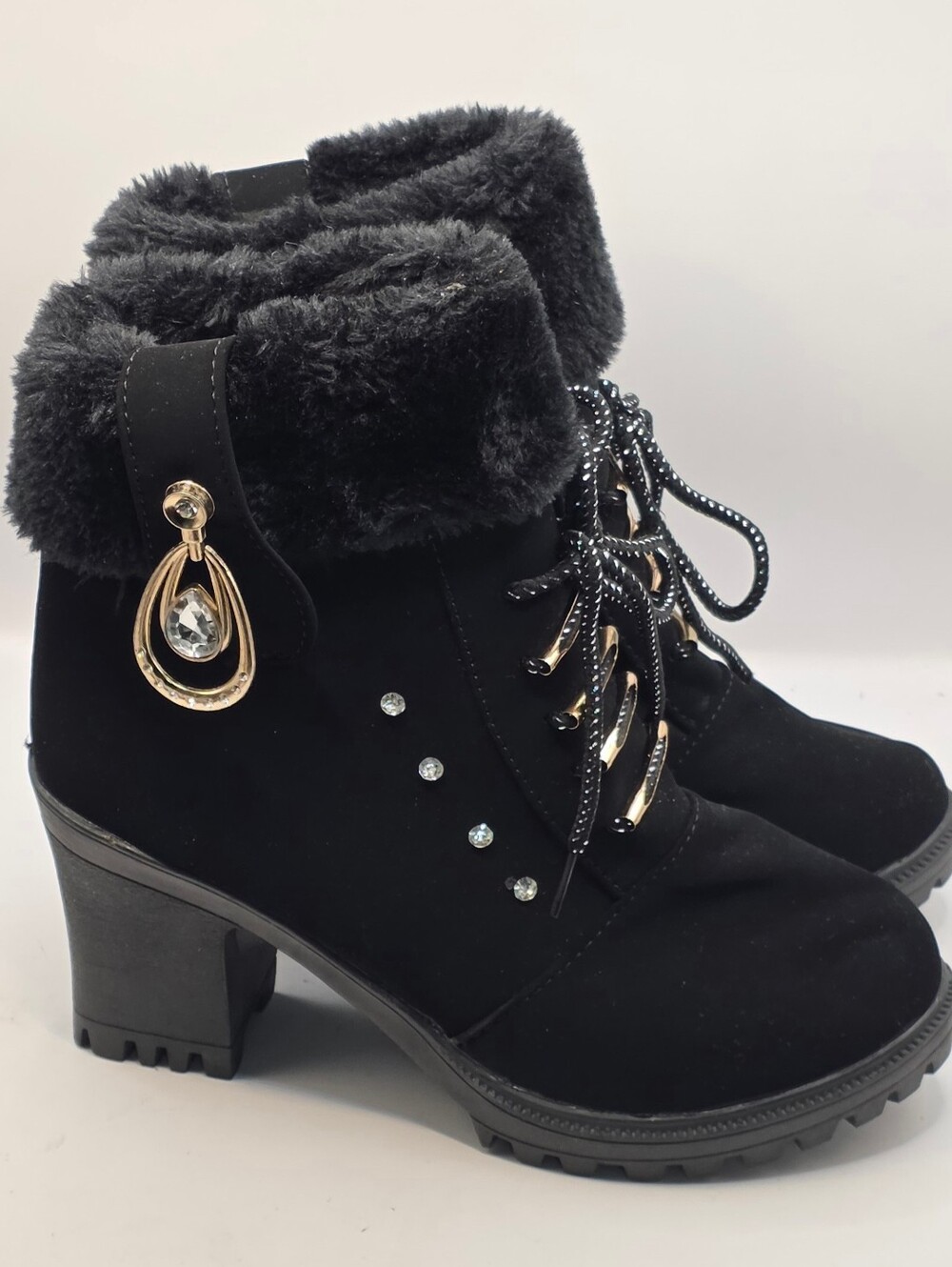 Women's Black Faux Fur Lace-Up Ankle Boots w/Rhinestone Detail/Size EU 41